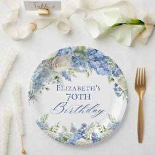 Plato De Papel Elegante Blue Hydrangea Rosas Fiesta de Cumpleaños
