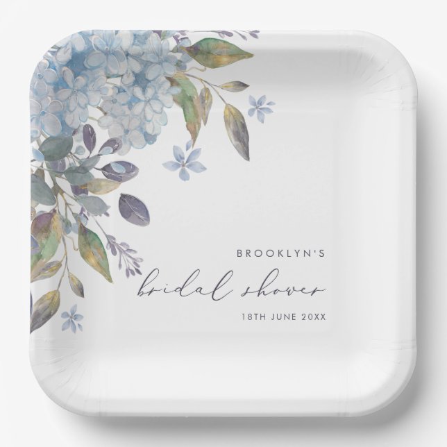 Plato De Papel Elegante Blue Hydrangeas Bridal Shower (Anverso)