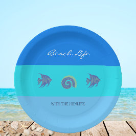 Plato De Papel Elegante Blue Stripes Fish Shells Beach House