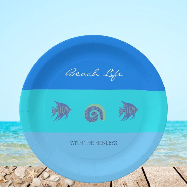 Plato De Papel Elegante Blue Stripes Fish Shells Beach House (Subido por el creador)