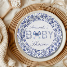 Elegante Blue Toile de Jouy y Bow Baby Shower