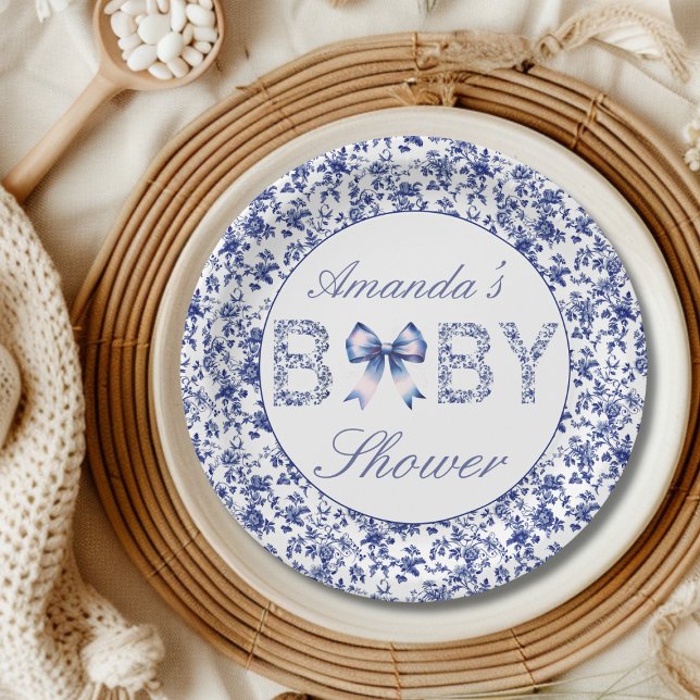 Plato De Papel Elegante Blue Toile de Jouy y Bow Baby Shower (Subido por el creador)