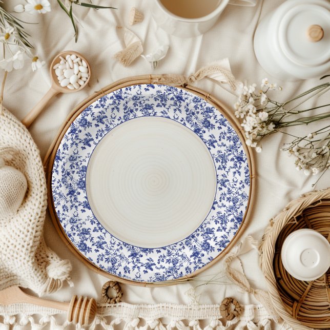 Plato De Papel Elegante Blue Toile de Jouy y Bow Baby Shower (Subido por el creador)