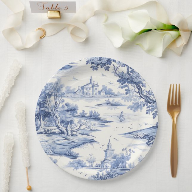 Plato De Papel Elegante Blue Toile Estilo Porcelino Clásico Franc (Boda)