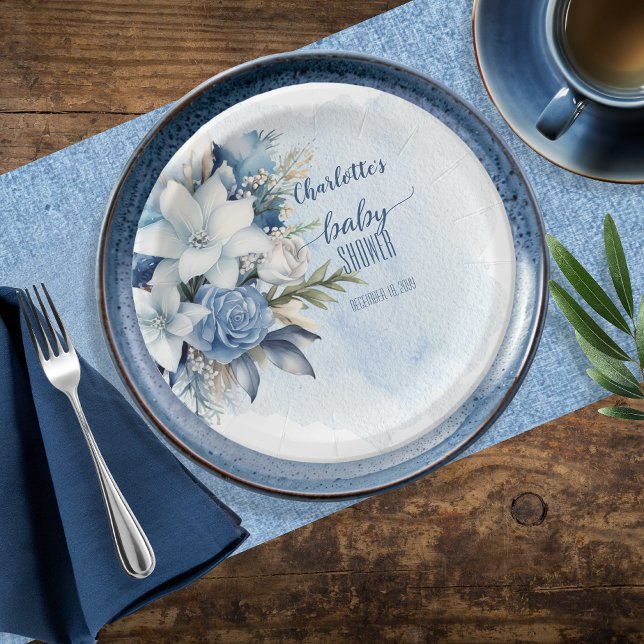 Plato De Papel Elegante Blue Winter Floral Boy Baby Shower (Elegant Blue Winter Floral Boy Baby Shower Paper Plates)