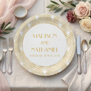 Plato De Papel Elegante Boda Art Déco Geométrica Blanco Oro