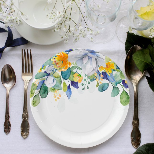 Plato De Papel Elegante boda azul blanco amarillo floral (Subido por el creador)