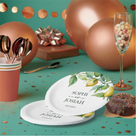 Plato De Papel Elegante boda azul blanco de cal amarilla floral