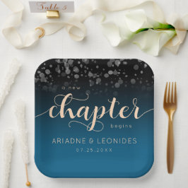 Plato De Papel Elegante Boda azul oceánico Peach Un Capítulo Nuev