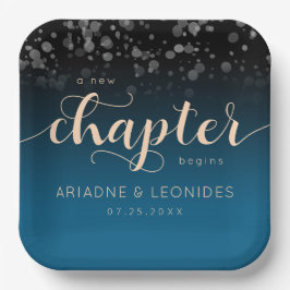 Plato De Papel Elegante Boda azul oceánico Peach Un Capítulo Nuev