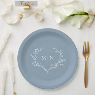 Plato De Papel Elegante Boda azul turbio Monograma Wreath