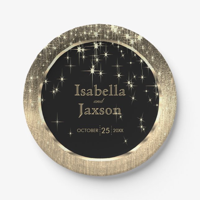 Plato De Papel Elegante Boda Black and Gold Starlights (Anverso)