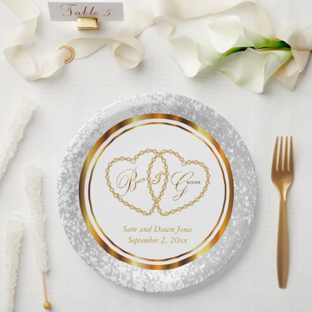 Plato De Papel Elegante Boda blanco y dorado (Boda)