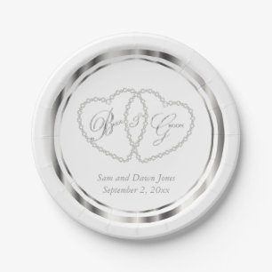 Plato De Papel Elegante Boda blanco y plateado