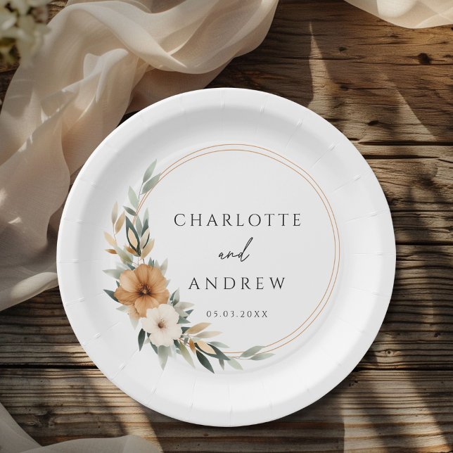 Plato De Papel Elegante Boda Botánica Terrosa de Cobre (Elegant Monogram Copper Earthy Botanical Wedding Paper Plates)