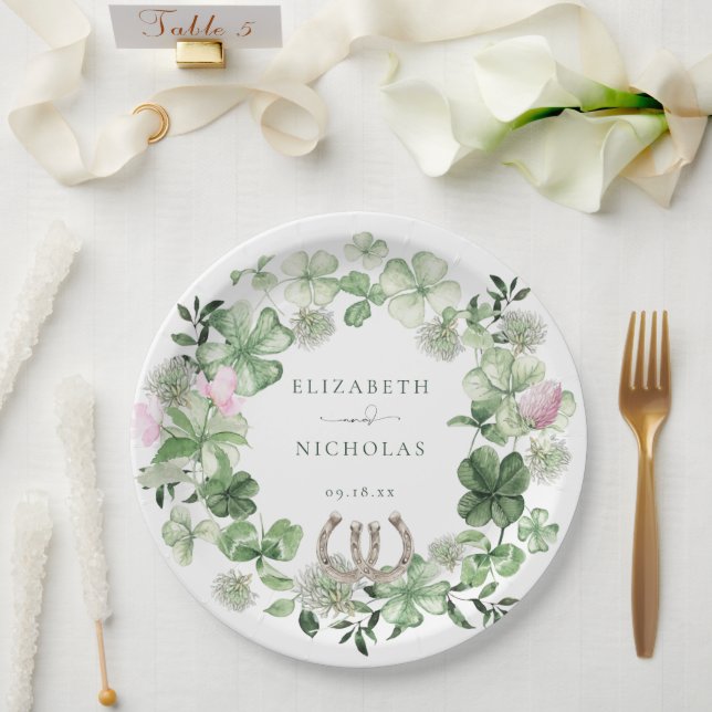 Plato De Papel Elegante Boda botánico de Clover Horseshoes (Boda)