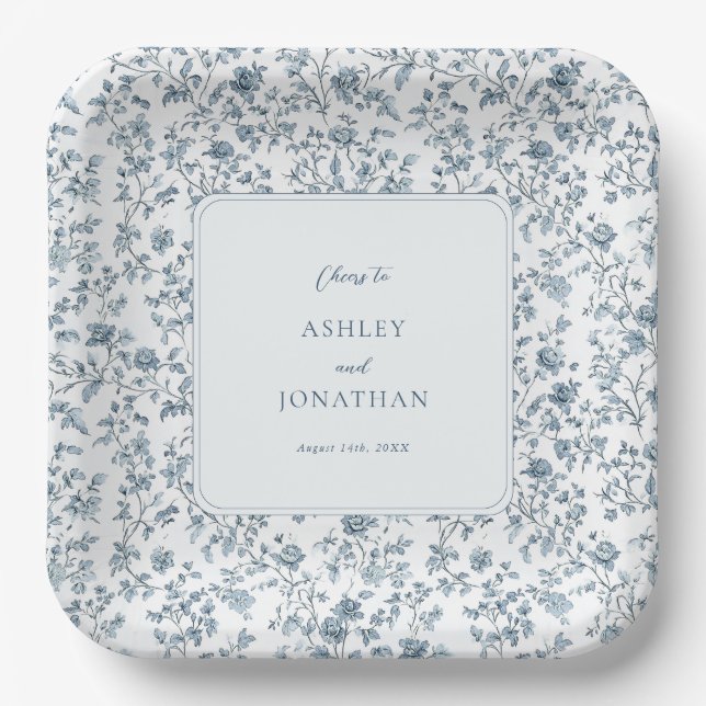 Plato De Papel Elegante Boda Chinoiserie Azul (Anverso)