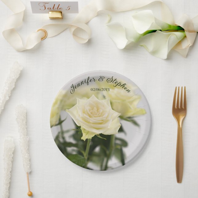 Plato De Papel Elegante Boda clásico de flores de rosa blanca (Boda)