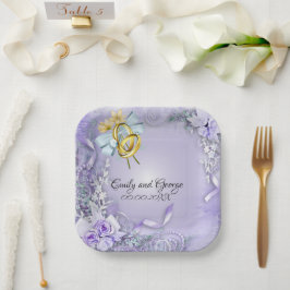 Plato De Papel Elegante Boda/compromiso personalizable púrpura
