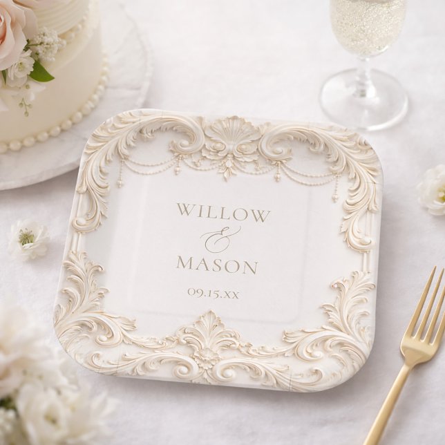 Plato De Papel Elegante Boda Cuadrada Barroca de Marfil (Elegant Ivory Baroque Square Wedding Paper Plates)