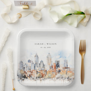 Plato De Papel Elegante Boda de acuarela de Denver Colorado Skyli