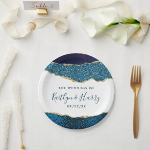Plato De Papel Elegante Boda de Agate Azul y Oro de la Marina