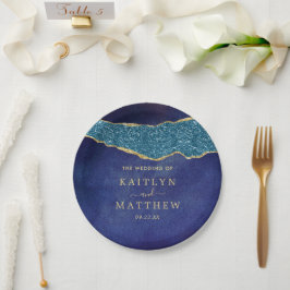 Plato De Papel Elegante Boda de Agate Azul y Oro de la Marina