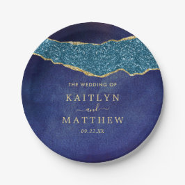 Plato De Papel Elegante Boda de Agate Azul y Oro de la Marina