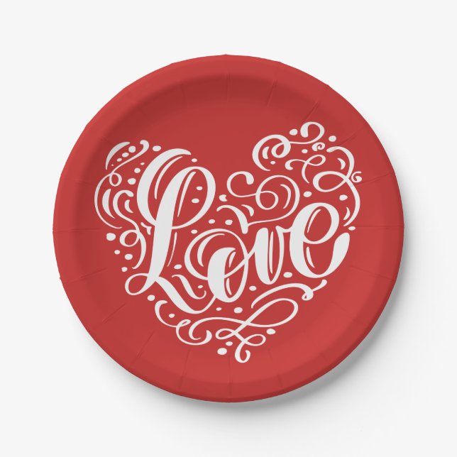Plato De Papel Elegante Boda de amor rojo blanco  ducha de novia (Anverso)