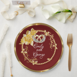 Plato De Papel Elegante Boda de Borgoña de Oro Personalizado