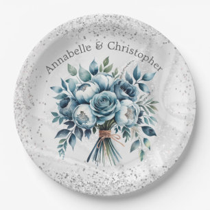 Plato De Papel Elegante Boda de Bouquet de Plata Azul Dusty