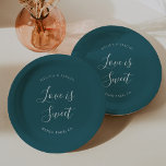 Plato De Papel Elegante Boda de caligrafía Minimalista Verde azul<br><div class="desc">Los elegantes platos minimalistas de boda caligráfico son perfectos para un boda rústico. El diseño presenta un precioso tipo de letra caligráfica en un fondo verde azulado.</div>