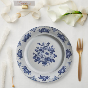Plato De Papel Elegante Boda de cerámica floral floral azul