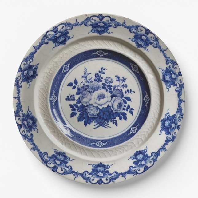 Plato De Papel Elegante Boda de cerámica floral floral azul (Anverso)