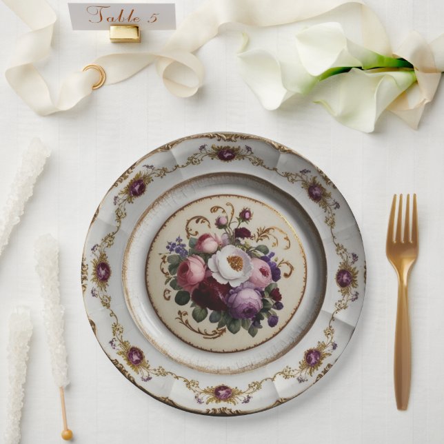 Plato De Papel Elegante Boda de cerámica floral violeta (Boda)