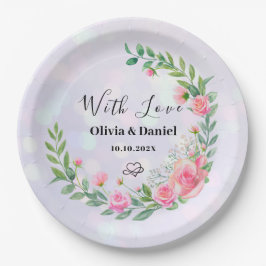 Plato De Papel Elegante Boda de color de agua de las flores rosad