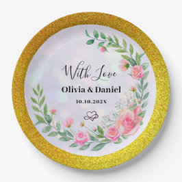 Plato De Papel Elegante Boda de color de agua de las flores rosad