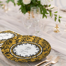 Plato De Papel Elegante Boda de Damasco de Oro y Blanco Negro