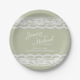 Plato De Papel Elegante Boda de Encaje Blanco Verde Salvia