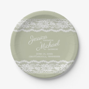 Plato De Papel Elegante Boda de Encaje Blanco Verde Salvia