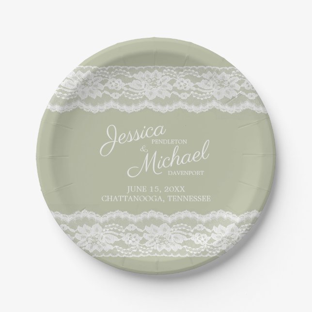 Plato De Papel Elegante Boda de Encaje Blanco Verde Salvia (Anverso)