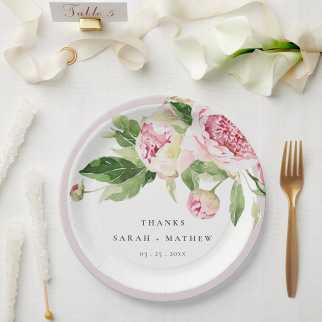 Plato De Papel Elegante Boda de Floral Peónica Verde Rosa (Boda)