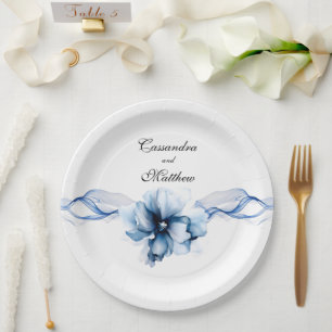 Plato De Papel Elegante Boda de flores de la Marina Azul turquesa