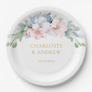 Plato De Papel Elegante Boda de Flores Rosa Azul