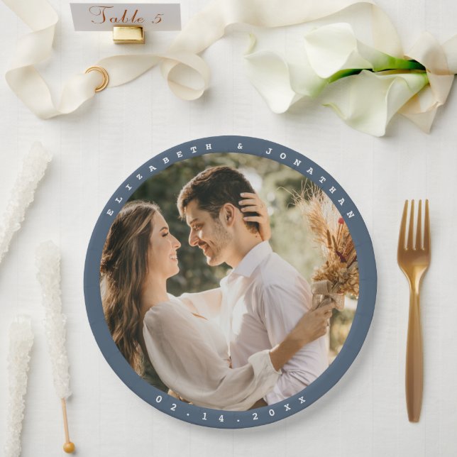 Plato De Papel Elegante Boda de fotografía de la pareja gris azul (Boda)