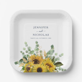 Plato De Papel Elegante Boda de girasol floral azul de la marina