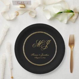 Plato De Papel Elegante Boda de guiones de Monograma de Oro Negro