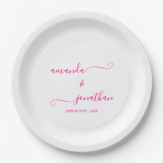 Plato De Papel Elegante Boda de guiones Minimalista blanco y rosa
