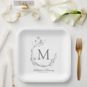Plato De Papel Elegante Boda de guirnalda gris blanco botánico