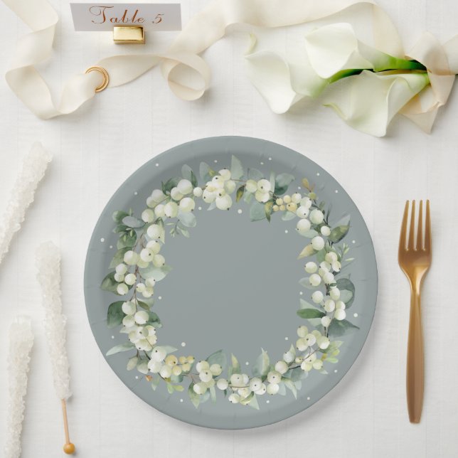Plato De Papel Elegante Boda de guirnalda verde de nieve + eucali (Boda)